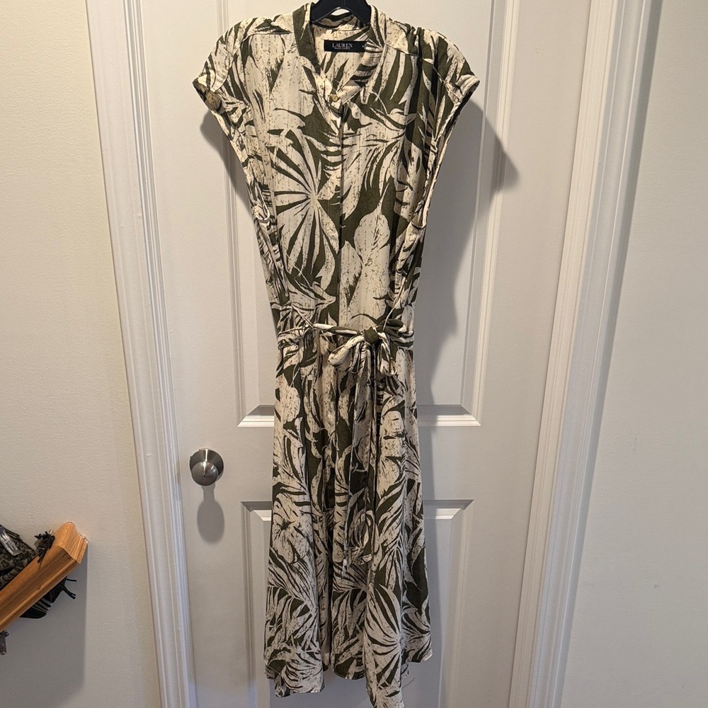 Lauren Ralph Lauren Olive and Cream Botanical Tie-Waist Maxi Dress
